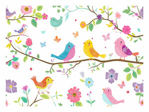 Colorful bird and floral canvas print with butterflies and branches for cheerful nursery or kids room decor.