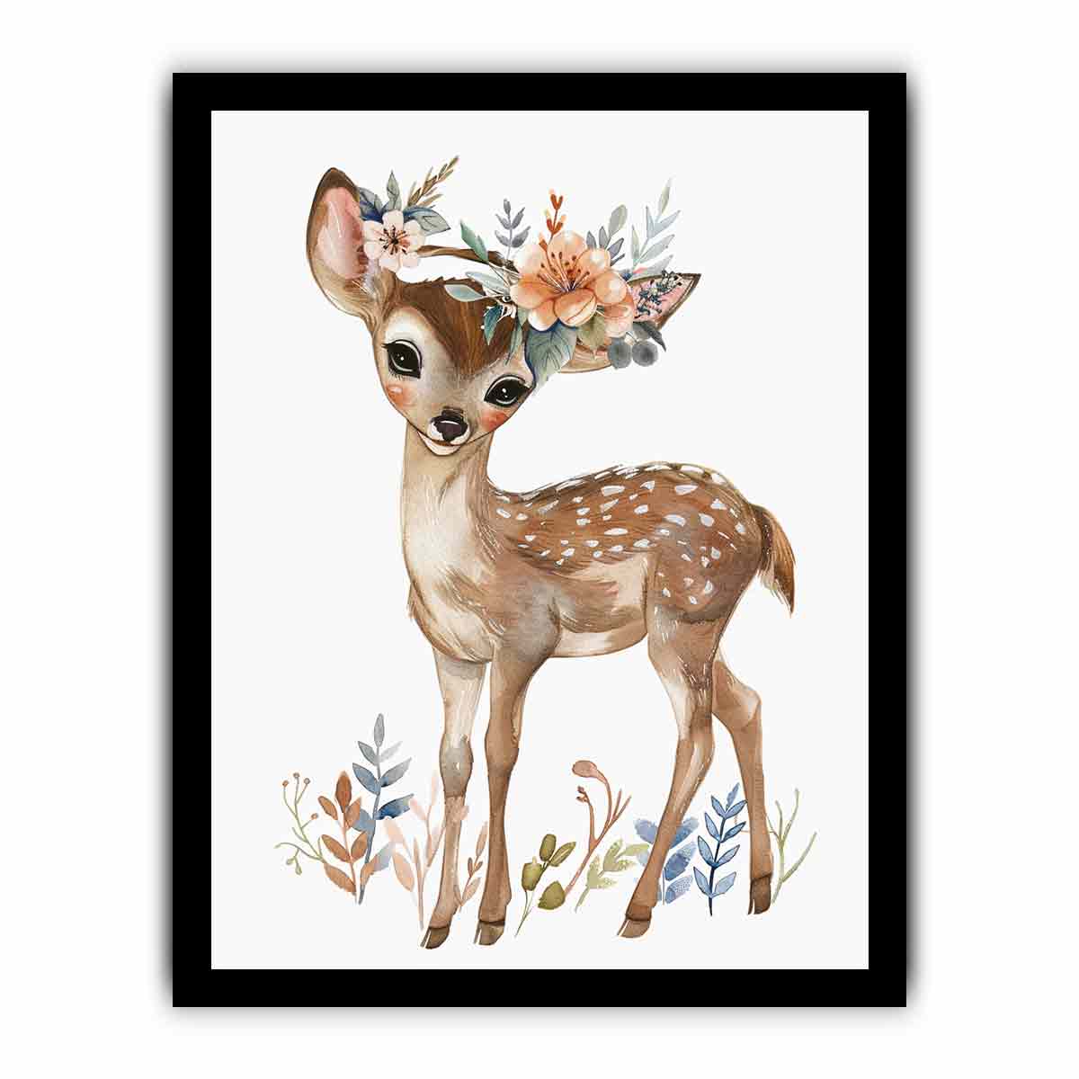 Watercolor fawn canvas print with floral crown and botanical leaves for soft nursery wall decor.