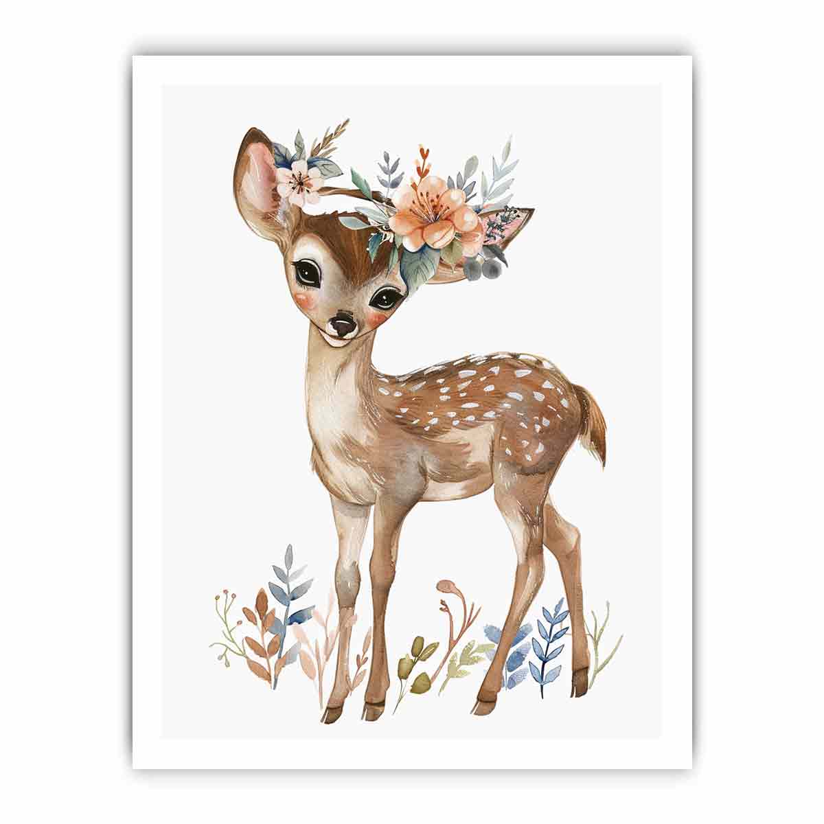 Watercolor fawn canvas print with floral crown and botanical leaves for soft nursery wall decor.