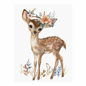 Watercolor fawn canvas print with floral crown and botanical leaves for soft nursery wall decor.