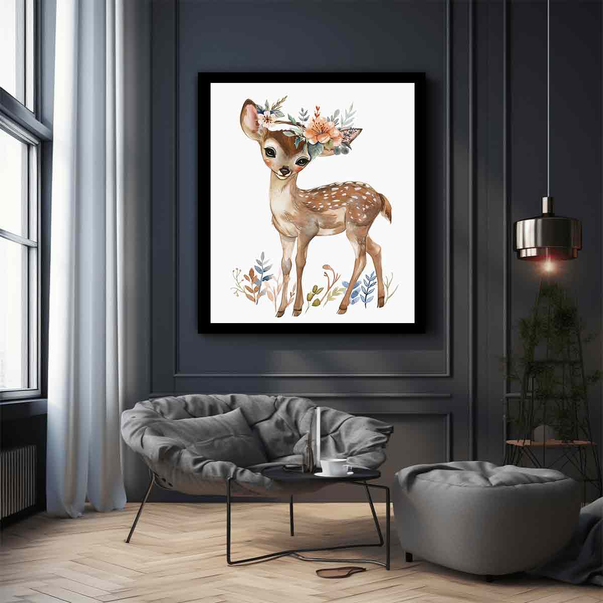 Watercolor fawn canvas print with floral crown and botanical leaves for soft nursery wall decor.