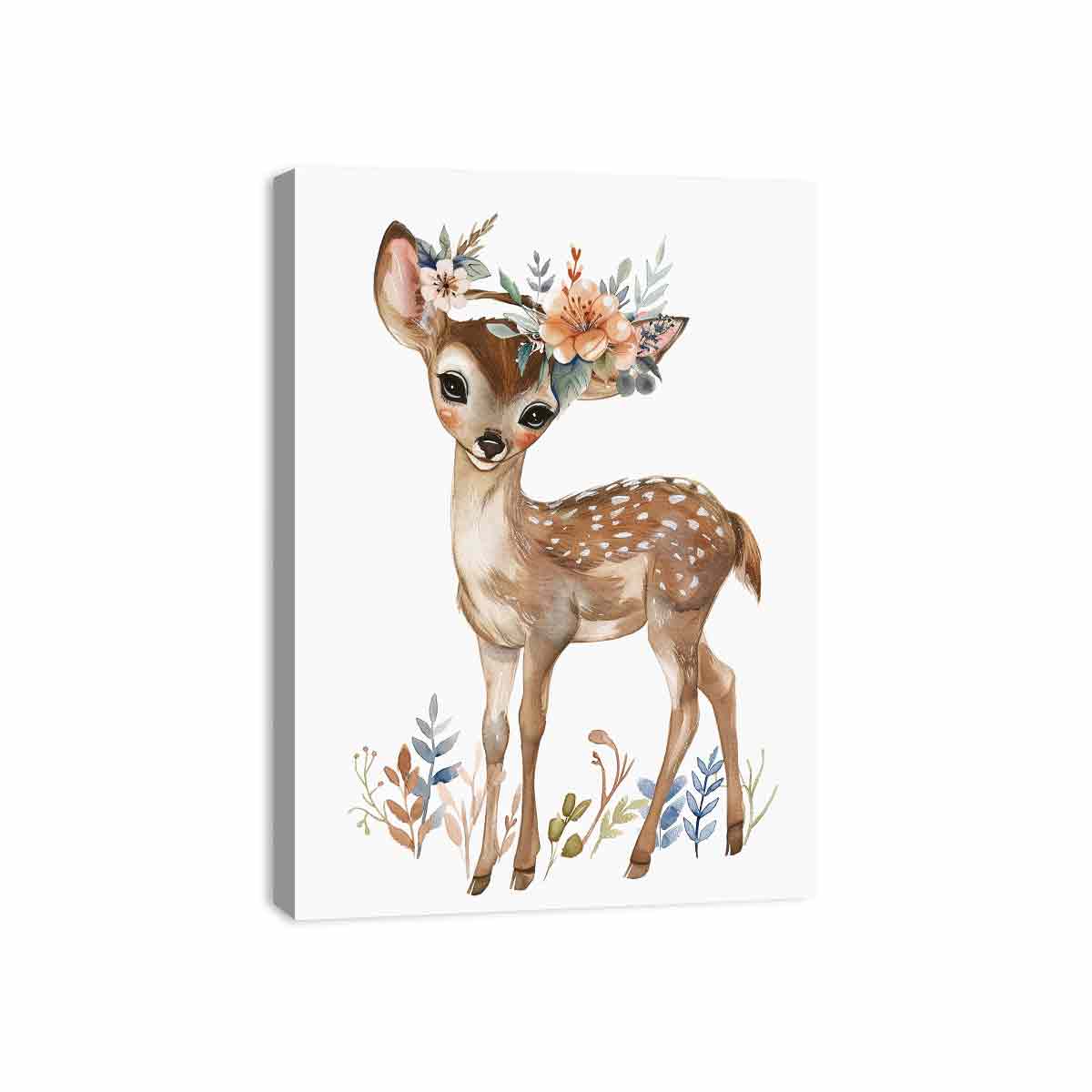 Watercolor fawn canvas print with floral crown and botanical leaves for soft nursery wall decor.