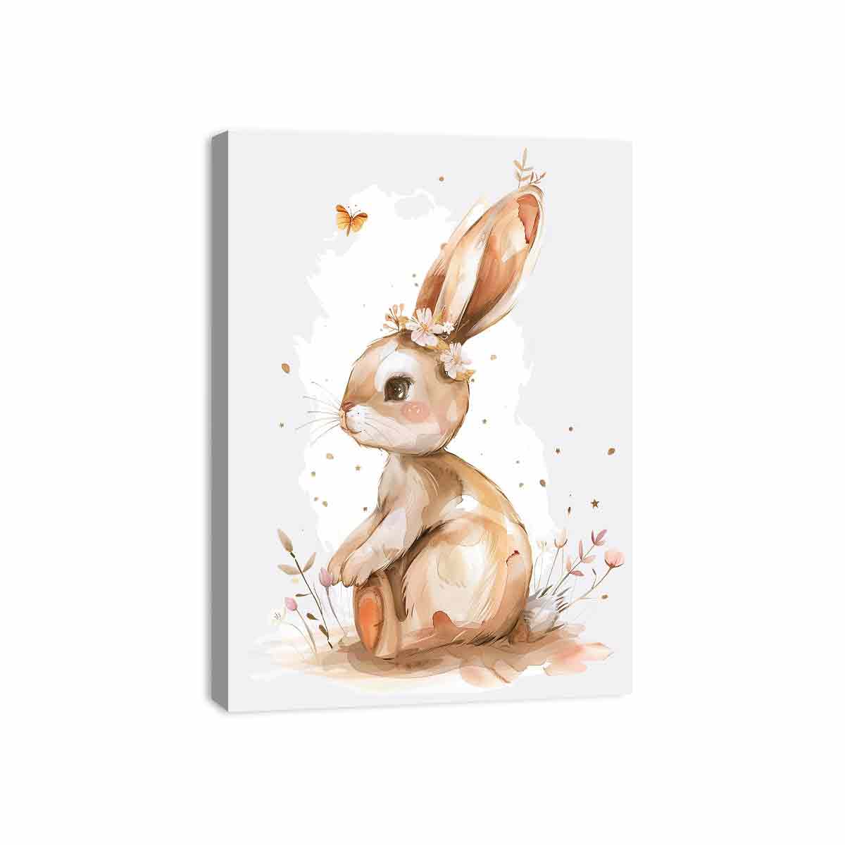 Watercolor bunny canvas print with flowers, butterflies and soft neutral tones for nursery wall decor.