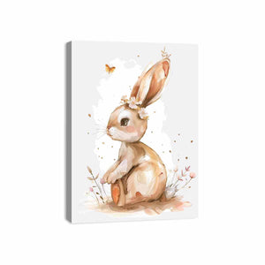 Watercolor bunny canvas print with flowers, butterflies and soft neutral tones for nursery wall decor.