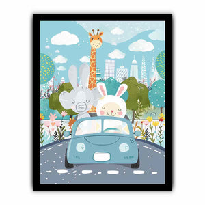 Cute animal car ride canvas print with bunny, elephant and giraffe for colorful kids room decor.