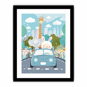 Cute animal car ride canvas print with bunny, elephant and giraffe for colorful kids room decor.