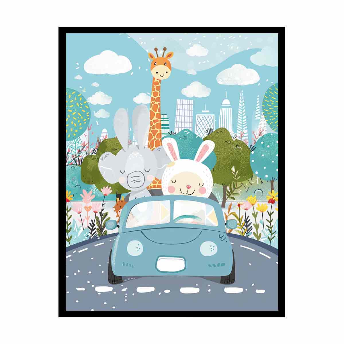 Cute animal car ride canvas print with bunny, elephant and giraffe for colorful kids room decor.