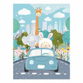 Cute animal car ride canvas print with bunny, elephant and giraffe for colorful kids room decor.