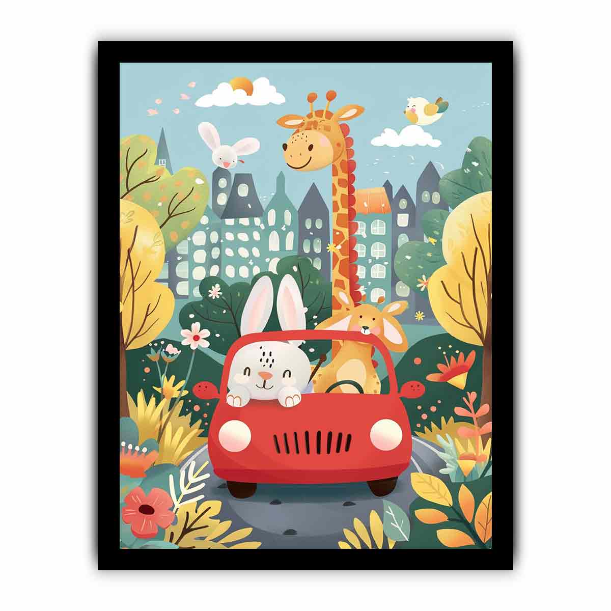 Colorful giraffe and bunny car ride canvas print with flowers and city houses for kids room decor.