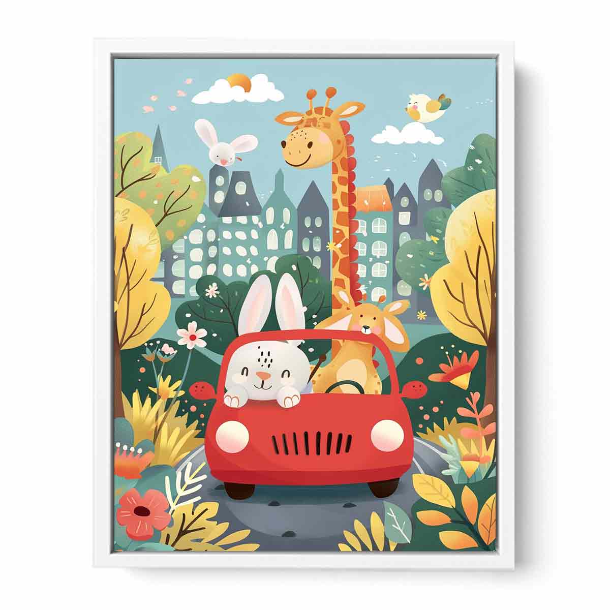 Colorful giraffe and bunny car ride canvas print with flowers and city houses for kids room decor.