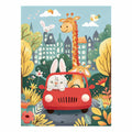 Colorful giraffe and bunny car ride canvas print with flowers and city houses for kids room decor.