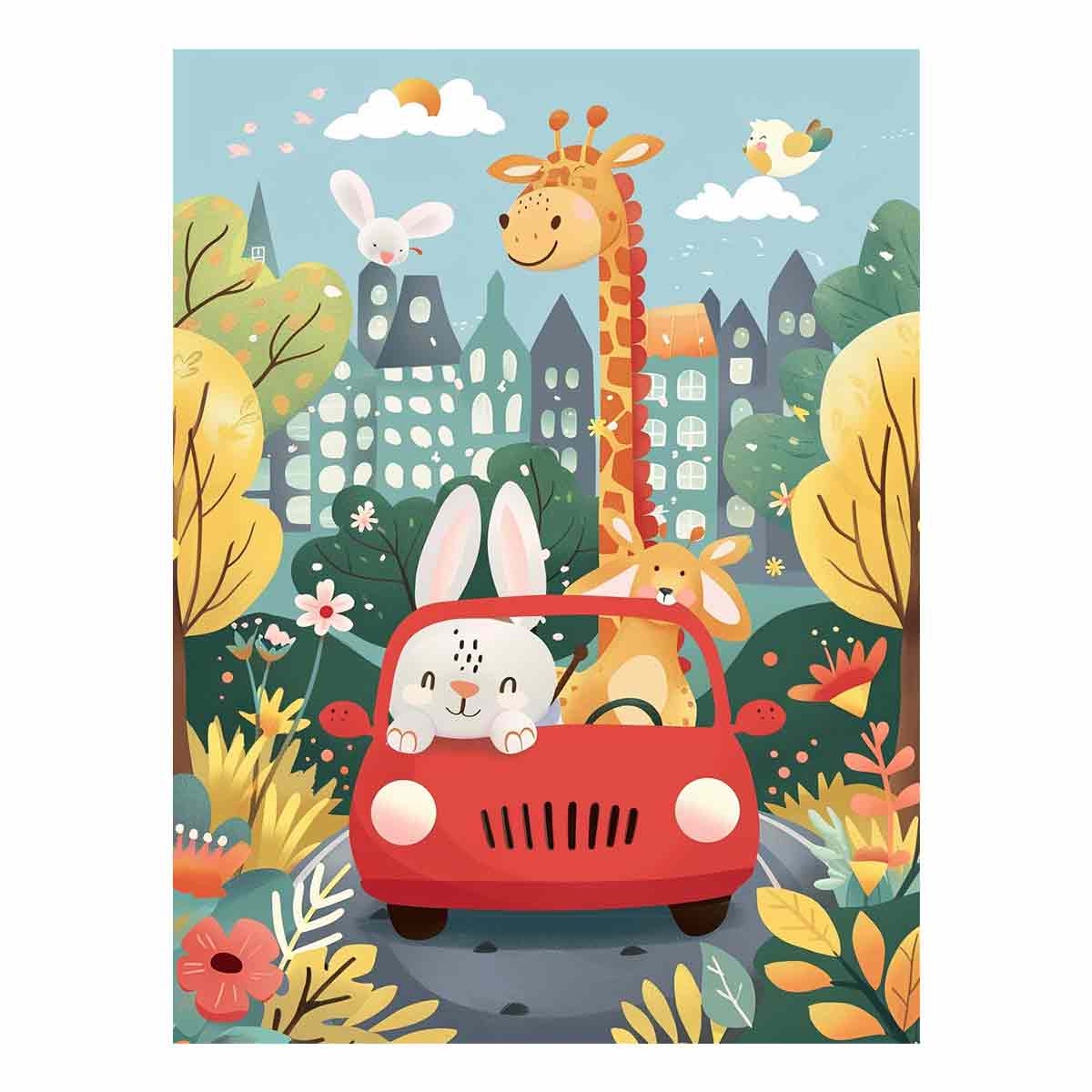 Colorful giraffe and bunny car ride canvas print with flowers and city houses for kids room decor.