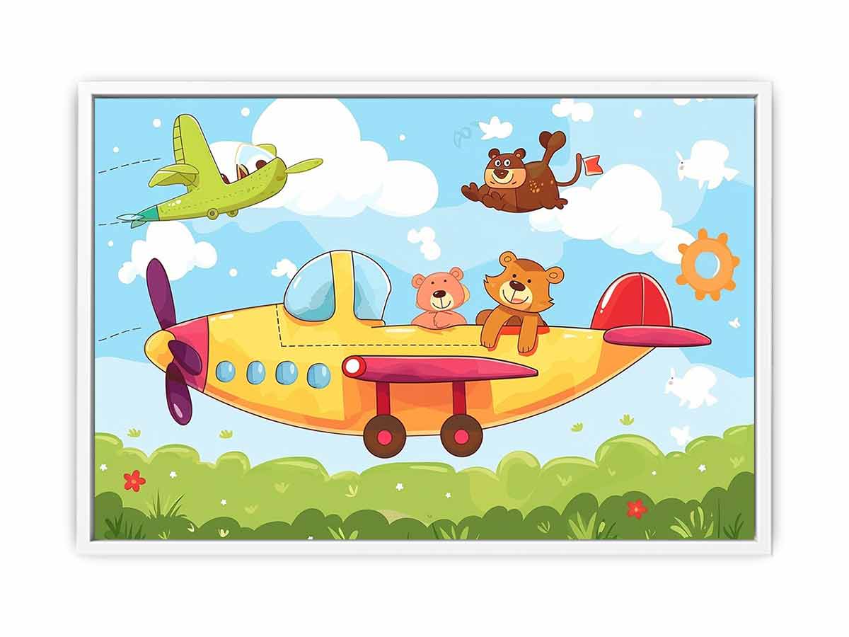 Cute bear airplane canvas print with clouds, sun and cheerful sky adventure for nursery or kids room decor.