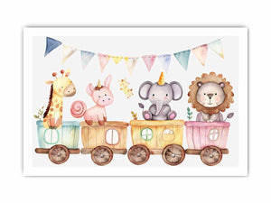 Pastel safari animal train canvas art for nursery and kids room decor.