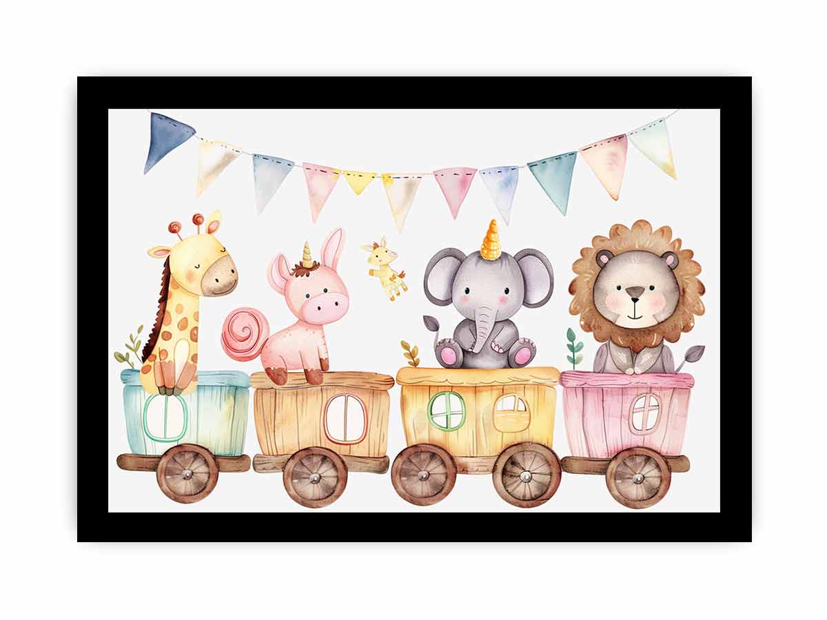 Pastel safari animal train canvas art for nursery and kids room decor.