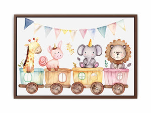 Pastel safari animal train canvas art for nursery and kids room decor.