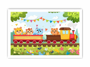 Colorful animal train canvas art for nursery, playroom, or kids bedroom decor.