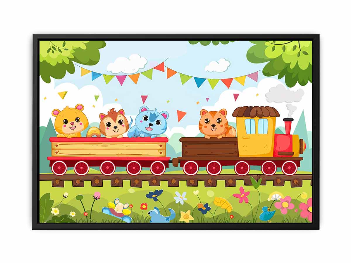 Colorful animal train canvas art for nursery, playroom, or kids bedroom decor.