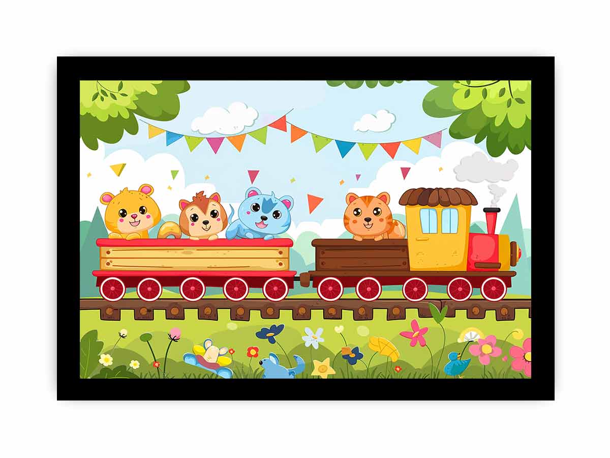 Colorful animal train canvas art for nursery, playroom, or kids bedroom decor.