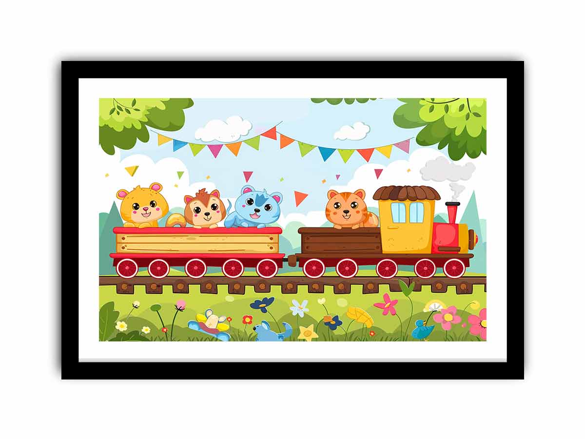 Colorful animal train canvas art for nursery, playroom, or kids bedroom decor.