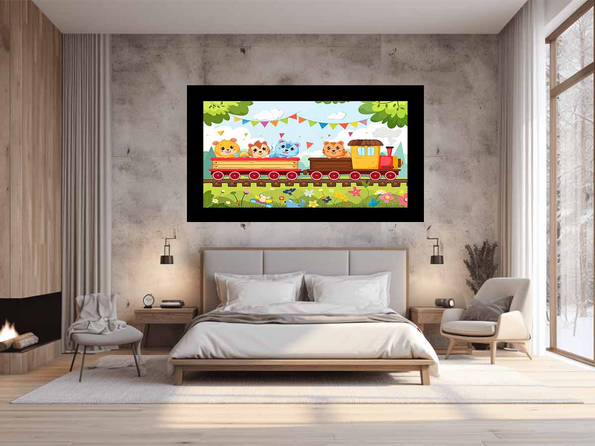 Colorful animal train canvas art for nursery, playroom, or kids bedroom decor.