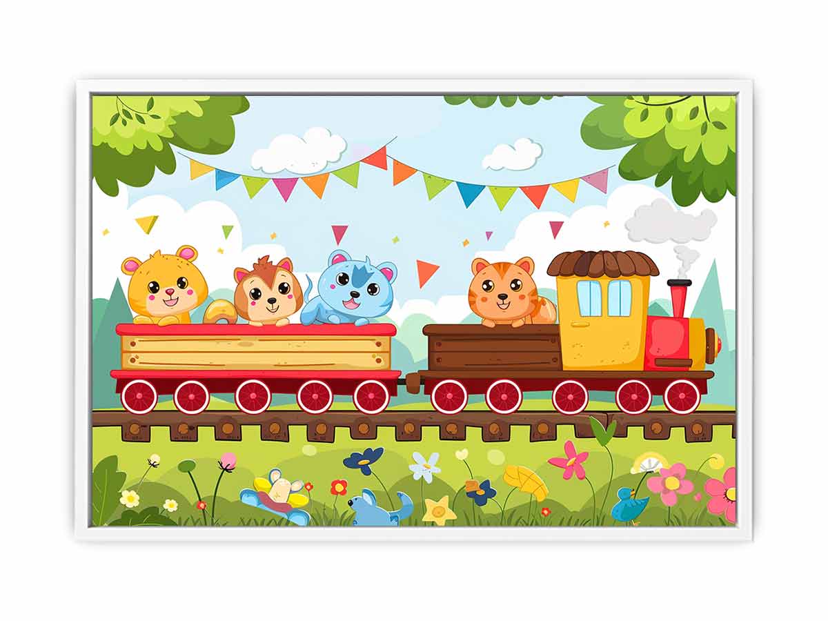 Colorful animal train canvas art for nursery, playroom, or kids bedroom decor.