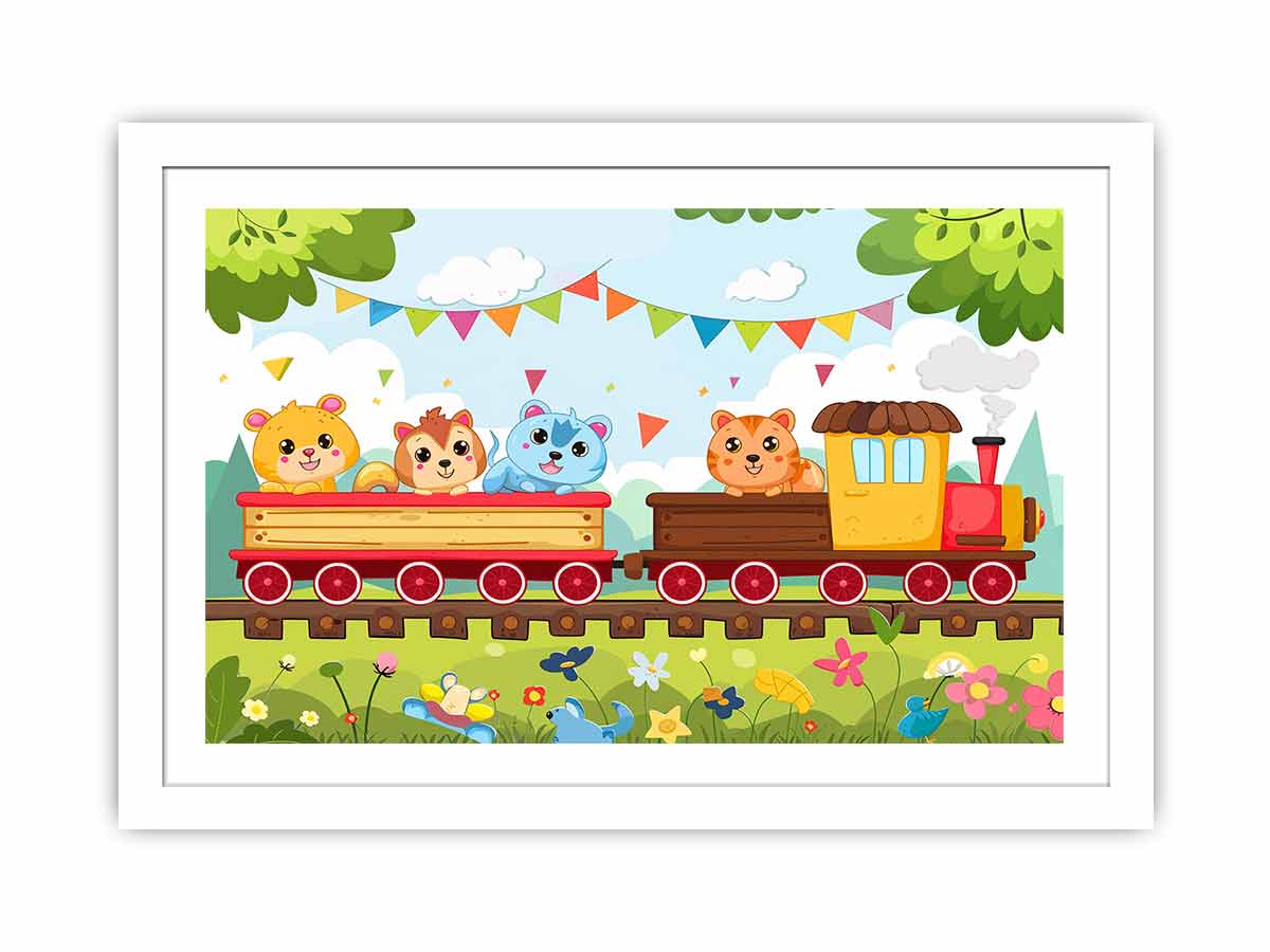 Colorful animal train canvas art for nursery, playroom, or kids bedroom decor.