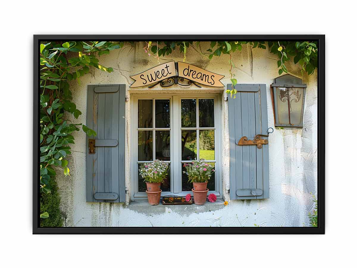 Cottage window canvas art with blue shutters and garden flowers for rustic home decor.