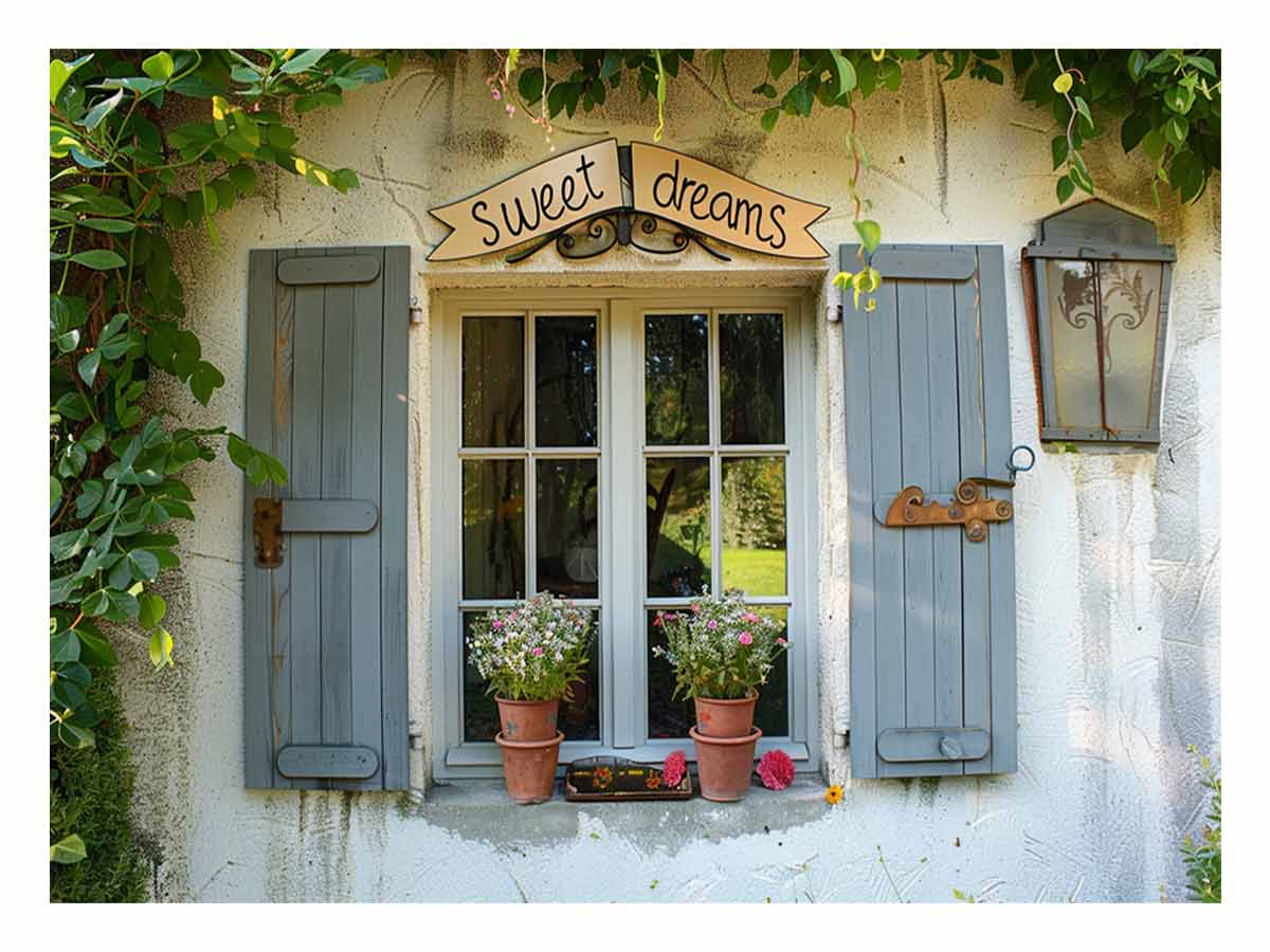 Cottage window canvas art with blue shutters and garden flowers for rustic home decor.