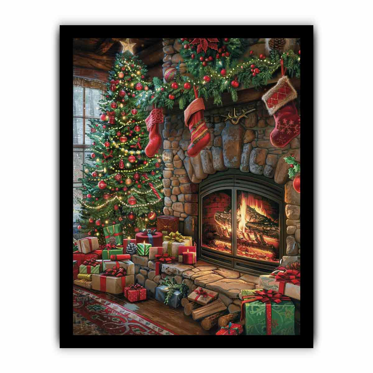 Christmas fireplace canvas art with tree, stockings, and gifts for cozy holiday decor.