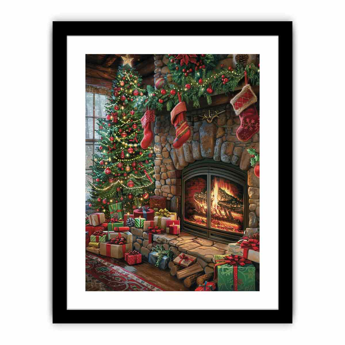 Christmas fireplace canvas art with tree, stockings, and gifts for cozy holiday decor.