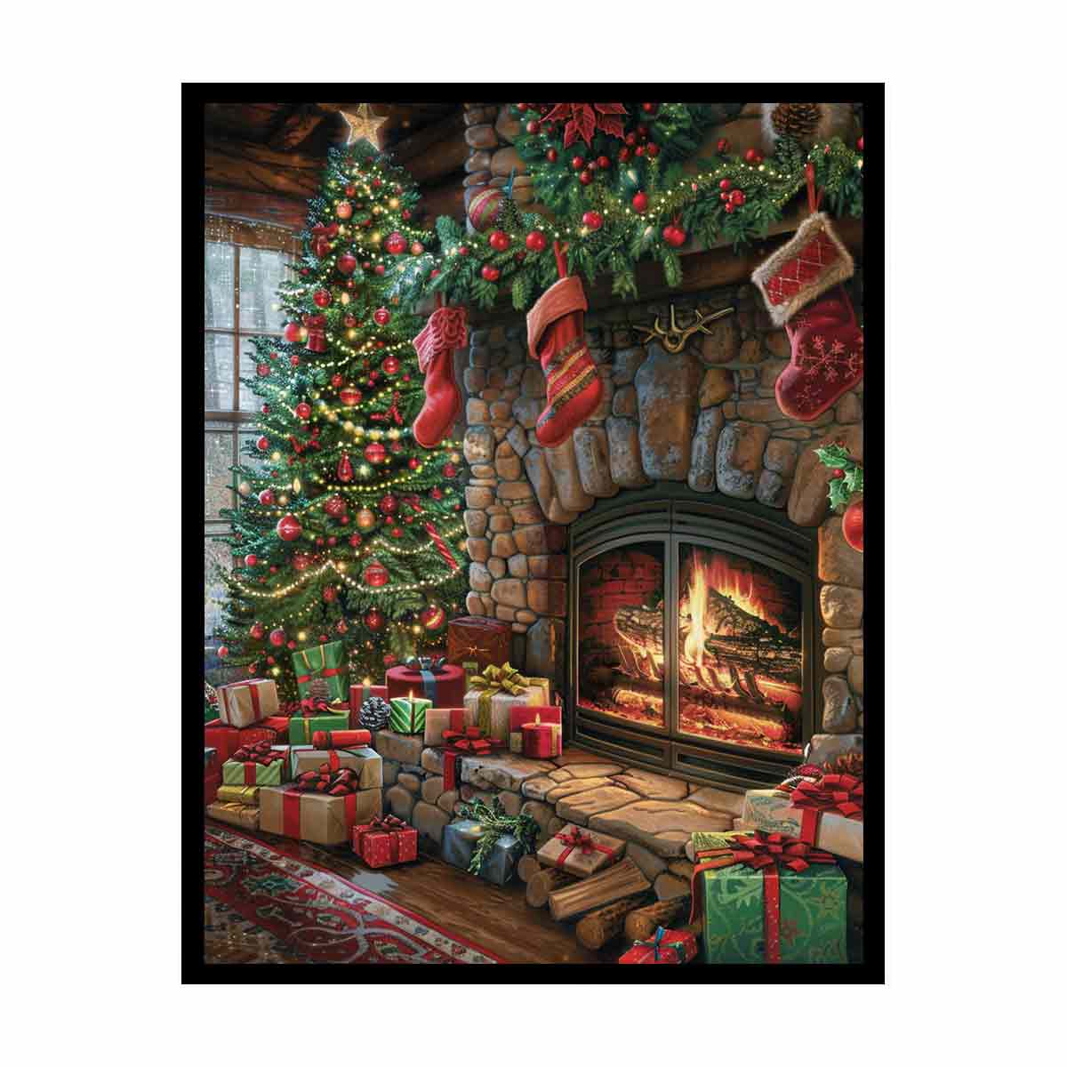 Christmas fireplace canvas art with tree, stockings, and gifts for cozy holiday decor.