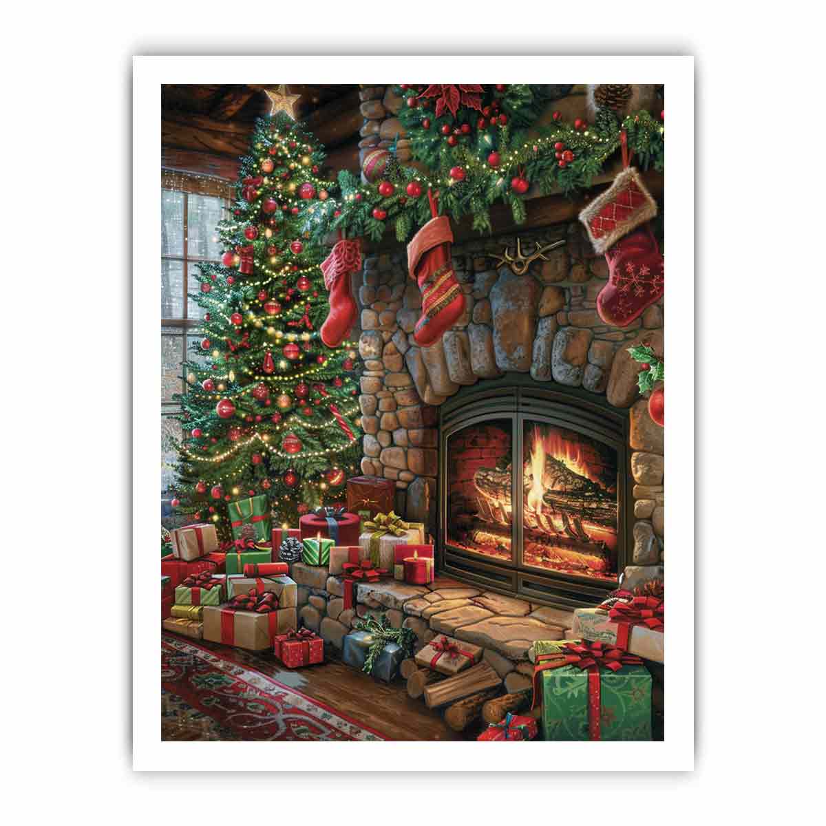 Christmas fireplace canvas art with tree, stockings, and gifts for cozy holiday decor.