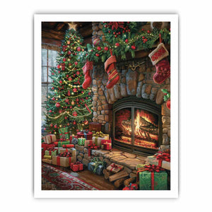 Christmas fireplace canvas art with tree, stockings, and gifts for cozy holiday decor.
