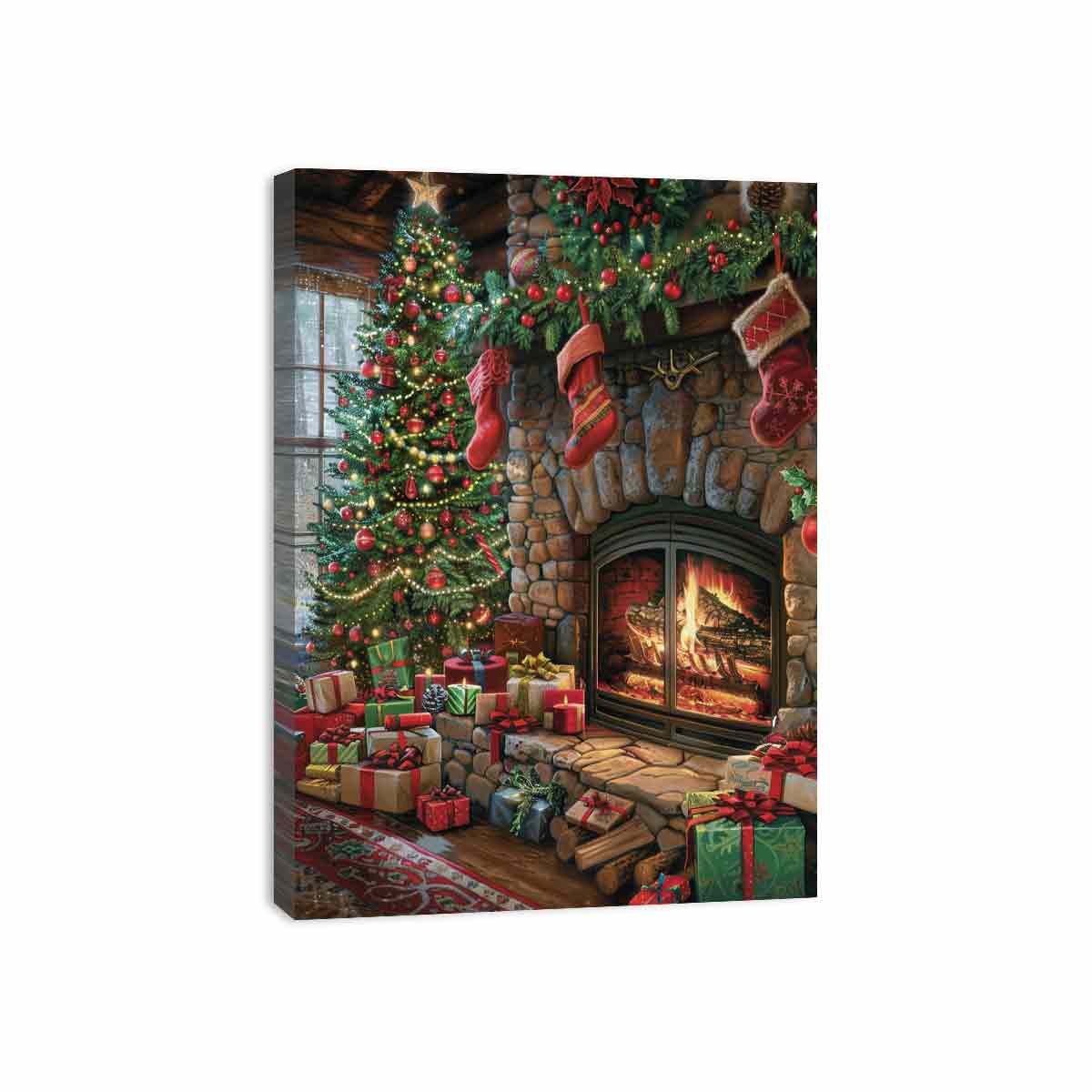 Christmas fireplace canvas art with tree, stockings, and gifts for cozy holiday decor.