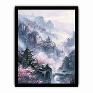 Misty Asian mountain canvas art with pagodas and pink blossoms for tranquil room decor.