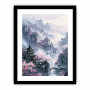 Misty Asian mountain canvas art with pagodas and pink blossoms for tranquil room decor.