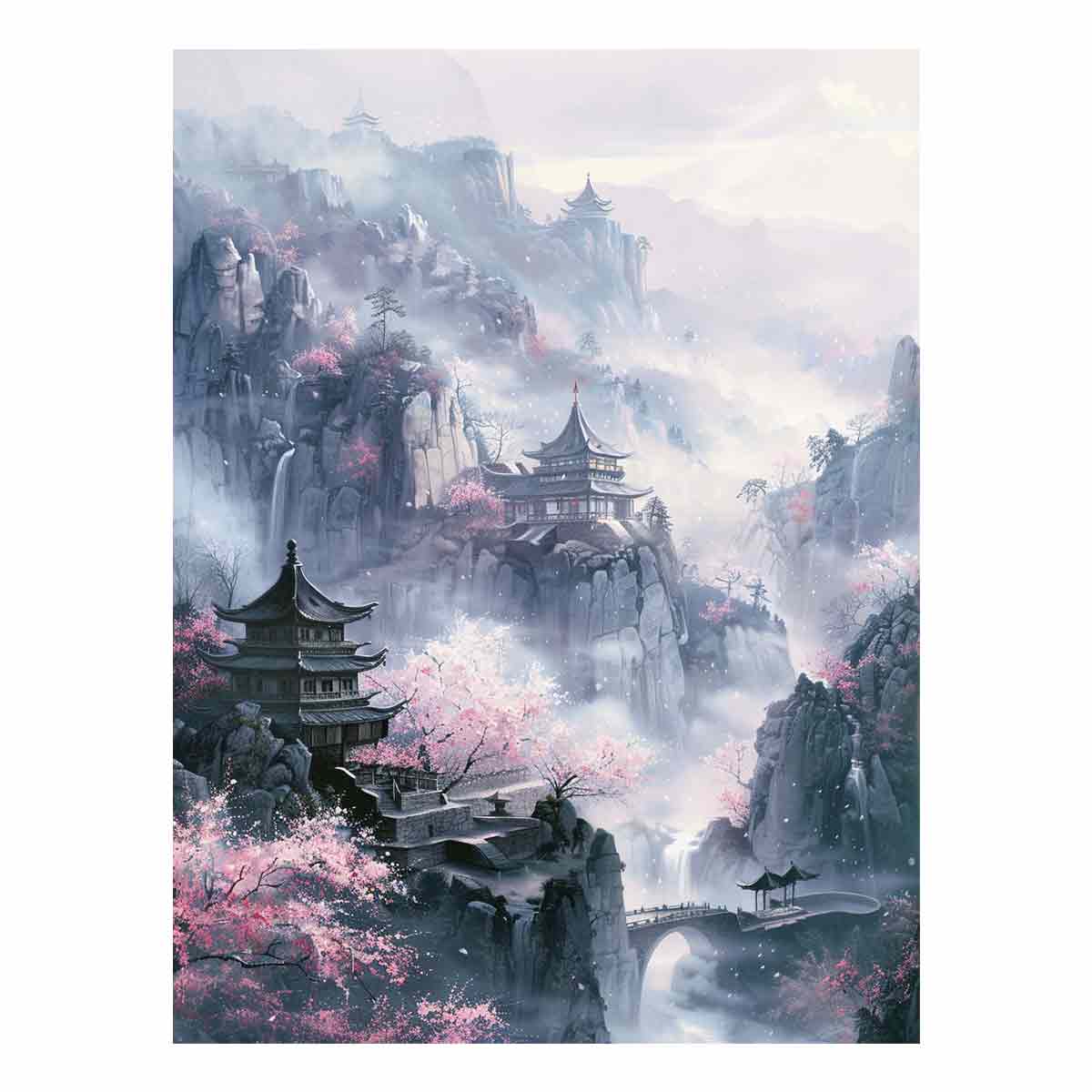 Misty Asian mountain canvas art with pagodas and pink blossoms for tranquil room decor.