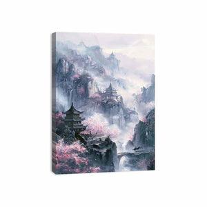 Misty Asian mountain canvas art with pagodas and pink blossoms for tranquil room decor.
