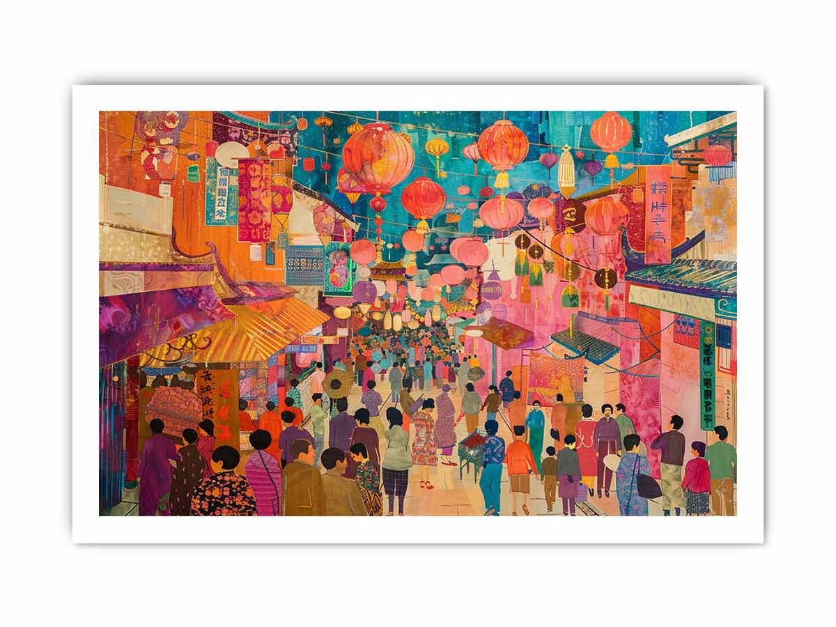 Colorful Asian lantern market canvas art for eclectic living room or dining room decor.