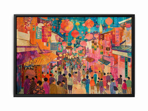 Colorful Asian lantern market canvas art for eclectic living room or dining room decor.