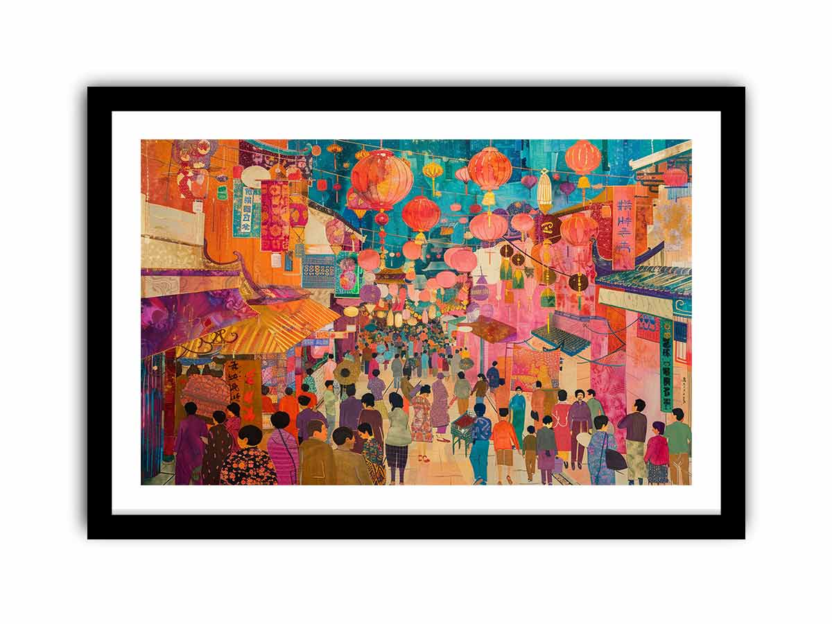 Colorful Asian lantern market canvas art for eclectic living room or dining room decor.