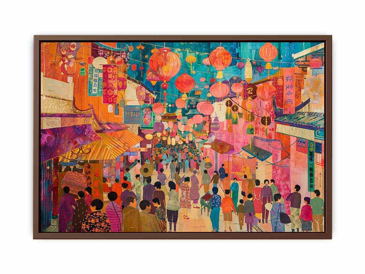 Colorful Asian lantern market canvas art for eclectic living room or dining room decor.
