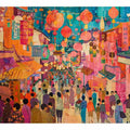 Colorful Asian lantern market canvas art for eclectic living room or dining room decor.