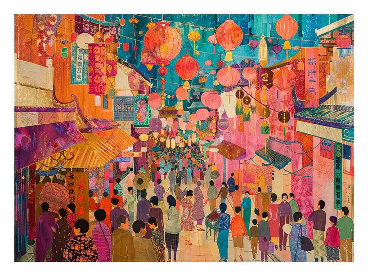 Colorful Asian lantern market canvas art for eclectic living room or dining room decor.
