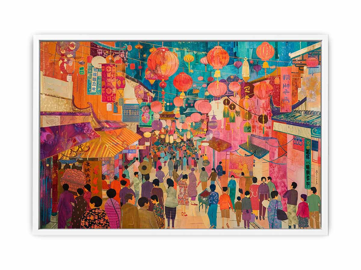 Colorful Asian lantern market canvas art for eclectic living room or dining room decor.