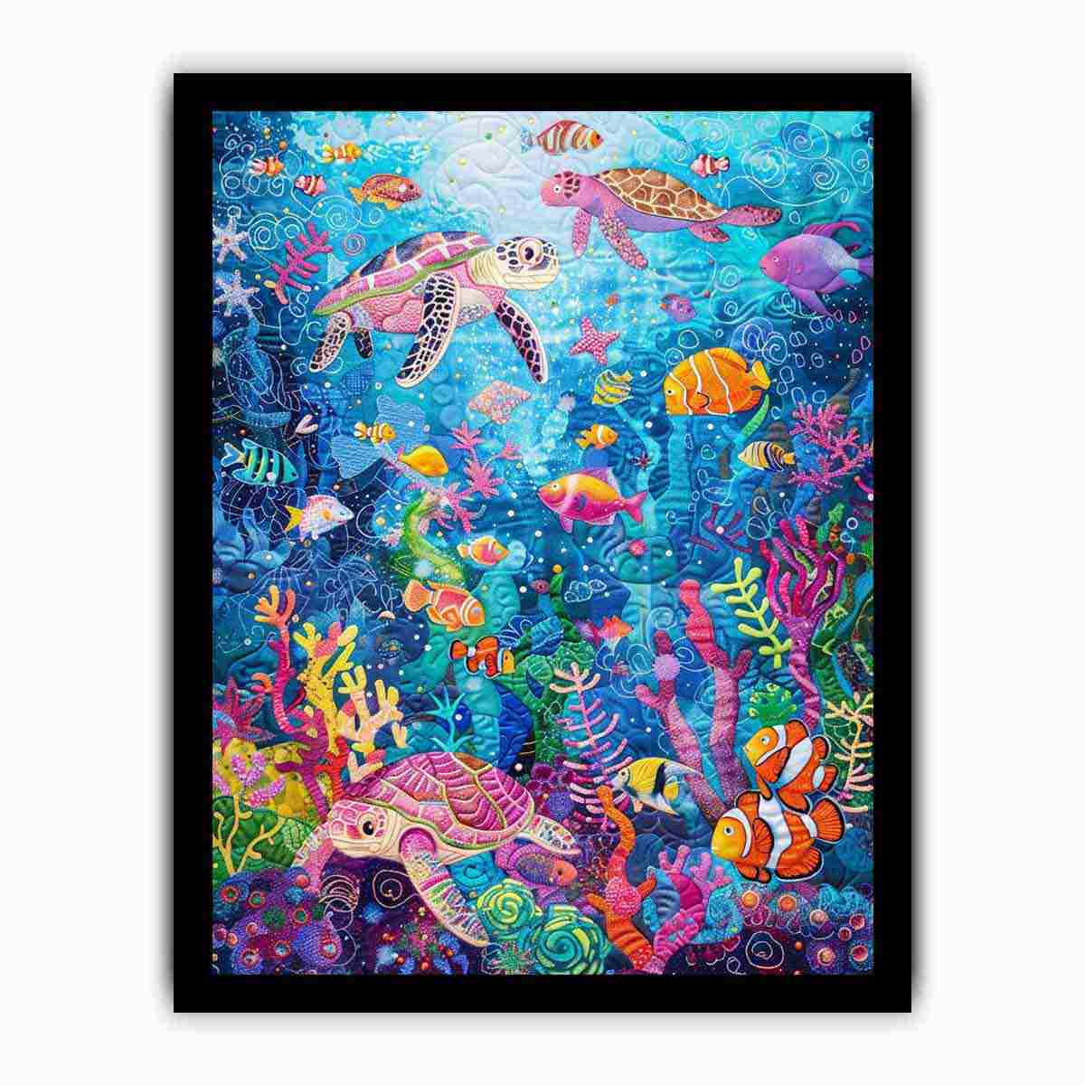 Colorful sea turtle and coral reef canvas art for kids room, bathroom, or beach house decor.
