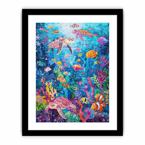 Colorful sea turtle and coral reef canvas art for kids room, bathroom, or beach house decor.