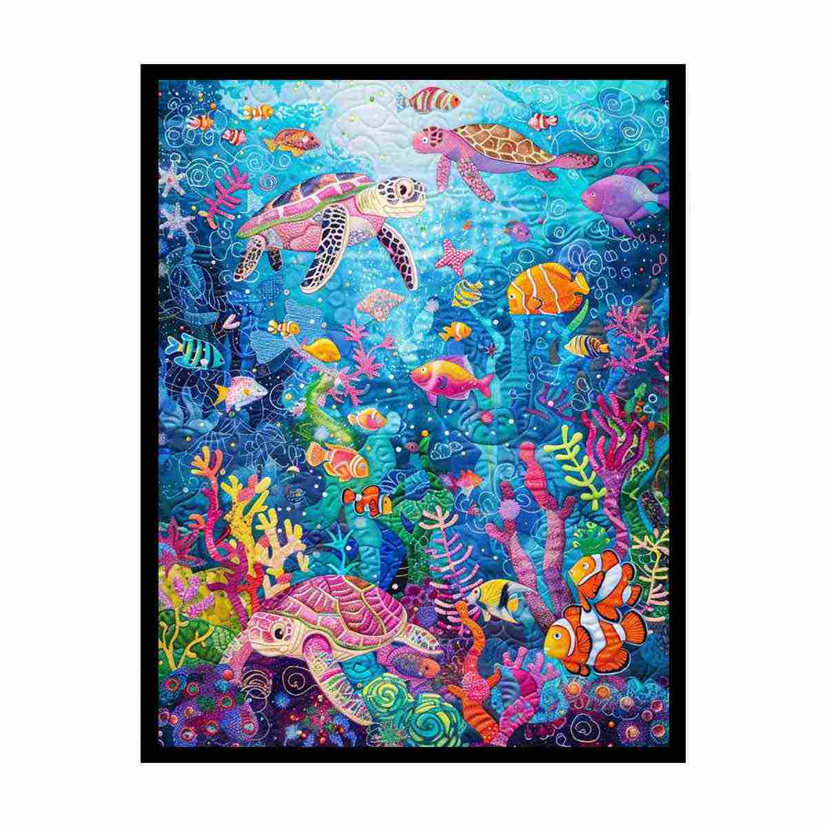 Colorful sea turtle and coral reef canvas art for kids room, bathroom, or beach house decor.
