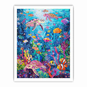Colorful sea turtle and coral reef canvas art for kids room, bathroom, or beach house decor.